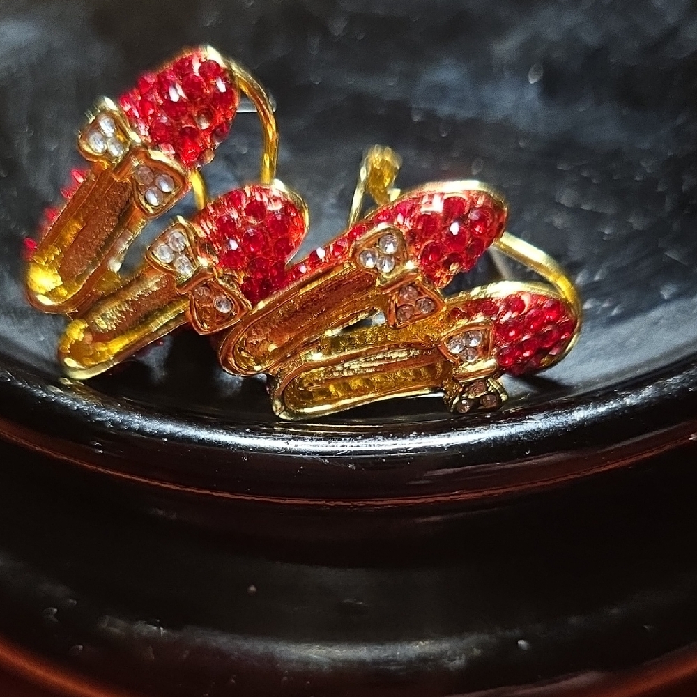 Gold-Tone Red Crystal Ruby Slipper Earrings- Unbranded